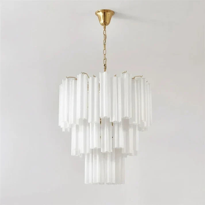 Opaline Fluted Chandelier in glass for Dining Room by AUVIELIGHT, 3 Layers 11 hedas D 66cm x H 75cm / ∅ 26″ x H 29.5″ / Copper & White