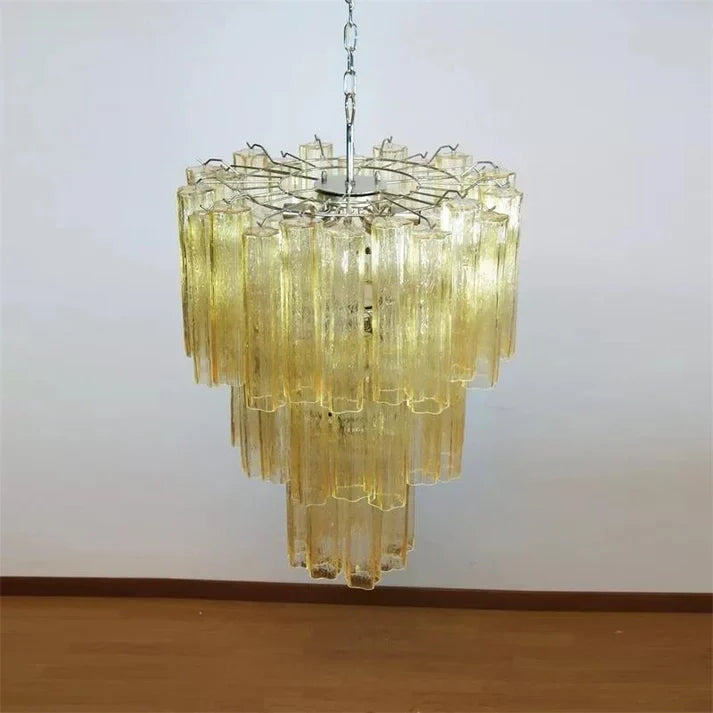 Opaline Fluted Chandelier in glass for Dining Room by AUVIELIGHT, 3 Layers 11 hedas D 66cm x H 75cm / ∅ 26″ x H 29.5″ / Nickel color & Yellow