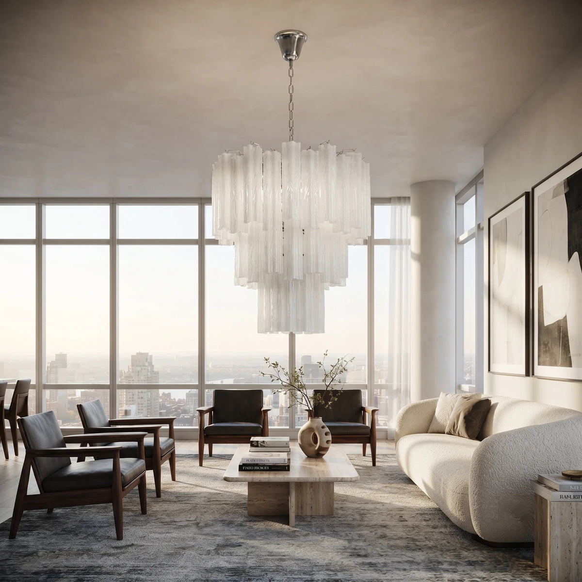Opaline Fluted Chandelier in glass for Dining Room by AUVIELIGHT