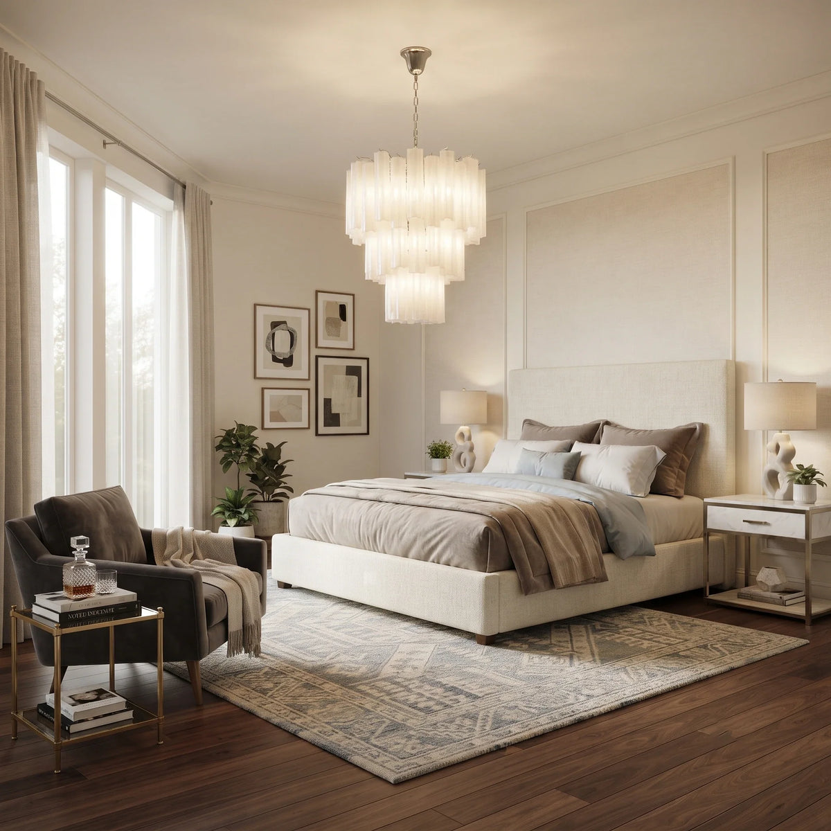 Opaline Fluted Chandelier in glass for Dining Room by AUVIELIGHT