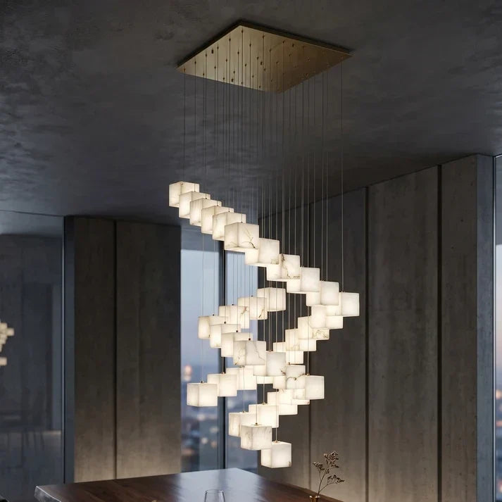 Geometric Cube Chandelier in alabaster for Dining Room by AUVIELIGHT