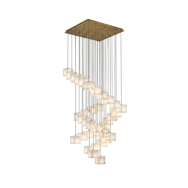 Geometric Cube Chandelier in alabaster for Dining Room by AUVIELIGHT, 36B heads D 70cm x H 400cm / ∅ 27.6″ x H 157.5″ / Brass & White