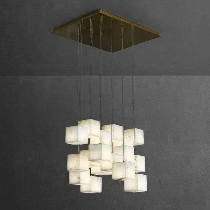 Geometric Cube Chandelier in alabaster for Dining Room by AUVIELIGHT, 18 heads D 60cm x H 300cm / ∅ 23.6″ x H 118.1″ / Brass & White