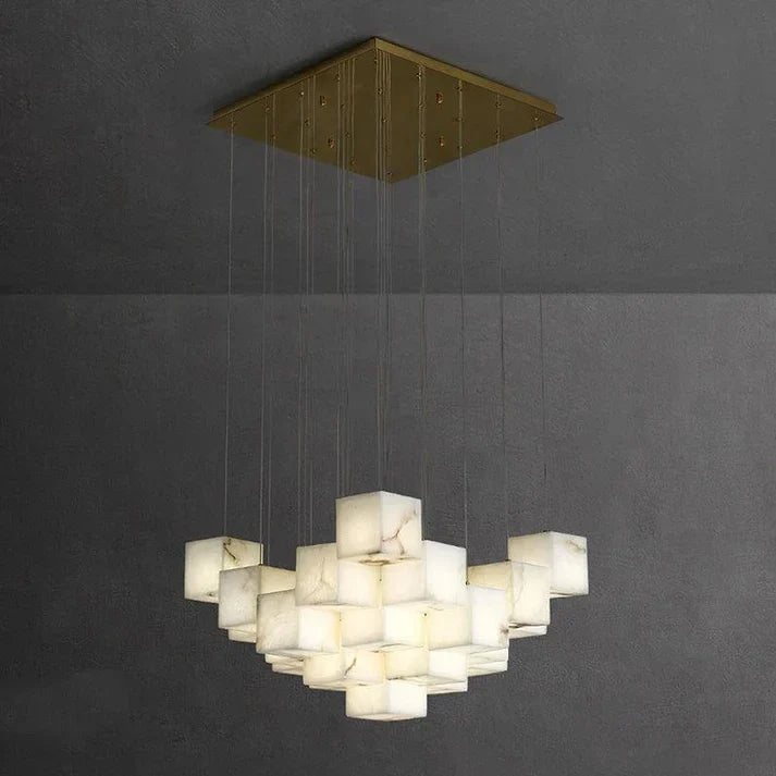 Geometric Cube Chandelier in alabaster for Dining Room by AUVIELIGHT, 25 heads D 80cm x H 400cm / ∅ 31.5″ x H 157.5″ / Brass & White