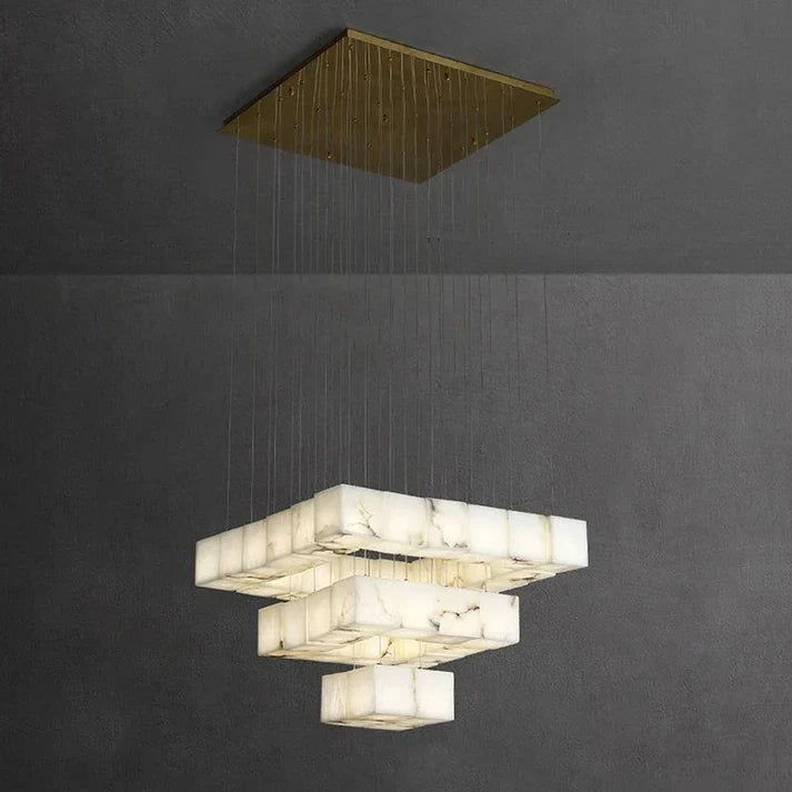 Geometric Cube Chandelier in alabaster for Dining Room by AUVIELIGHT, 36A heads D 80cm x H 400cm / ∅ 31.5″ x H 157.5″ / Brass & White