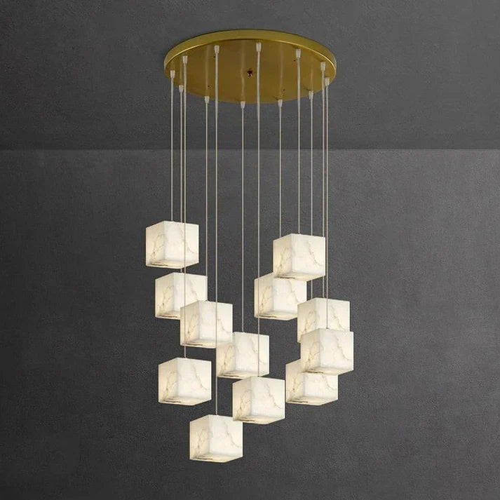 Geometric Cube Chandelier in alabaster for Dining Room by AUVIELIGHT, 12 heads D 40cm x H 300cm / ∅ 15.7″ x H 118.1″ / Brass & White