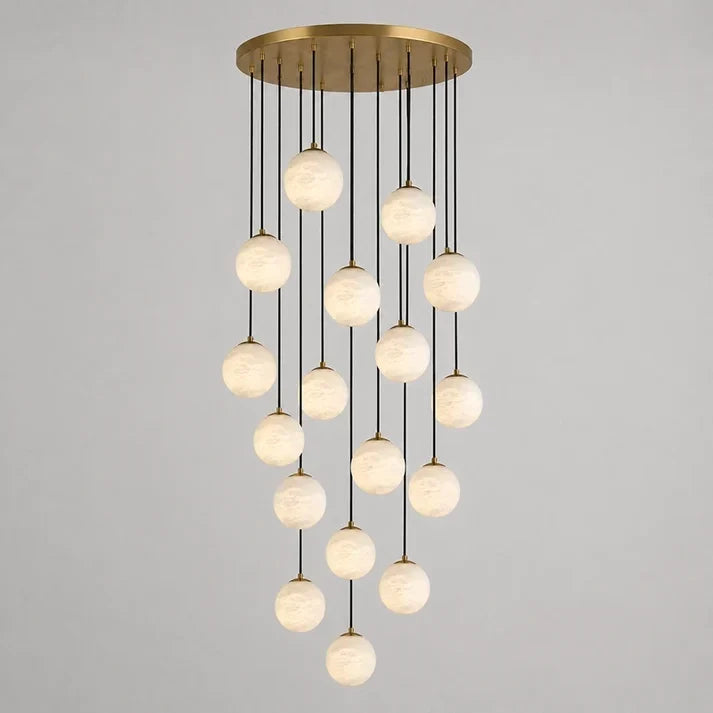 Gilded Canopy Globe Chandelier in alabaster for Dining Room by AUVIELIGHT, 18 heads D 60cm x H 500cm / ∅ 23.6″ x H 196.9″ / Brass & White