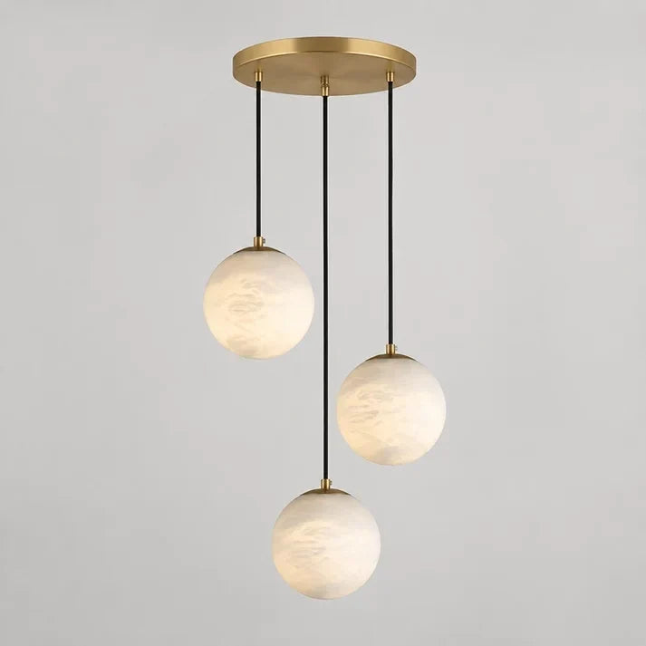 Gilded Canopy Globe Chandelier in alabaster for Dining Room by AUVIELIGHT, 3 heads D 20cm x H 200cm / ∅ 7.9″ x H 78.7″ / Brass & White