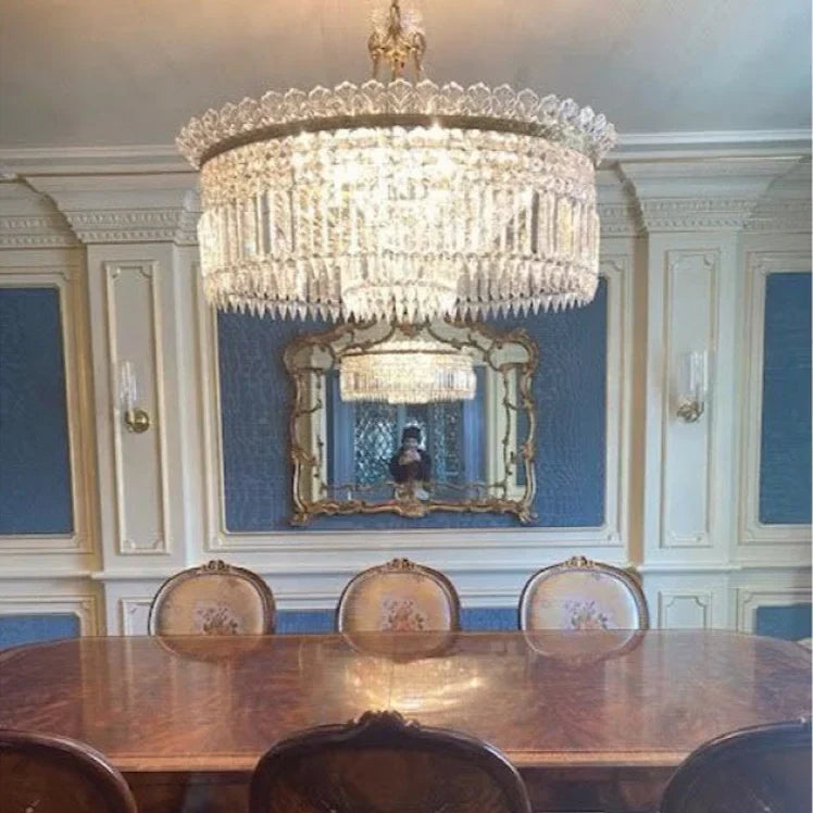 Gilded Filigree Chandelier in crystal for Dining Room by AUVIELIGHT, 9 heads D 80cm x H 65cm / ∅ 31.5″ x H 25.6″ / Brass & Clear