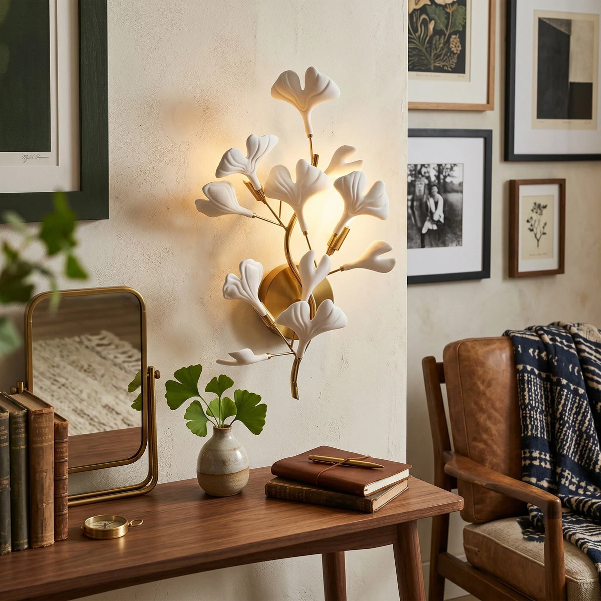 Ginkgo Branch Wall Sconce in ceramic for Hallway by AUVIELIGHT