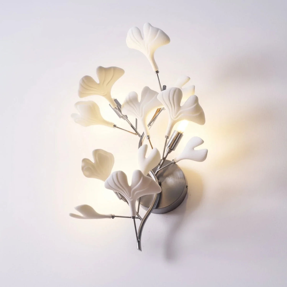 Ginkgo Branch Wall Sconce in ceramic for Hallway by AUVIELIGHT, ∅ 13.8" x H 19.7" / Nickel& White