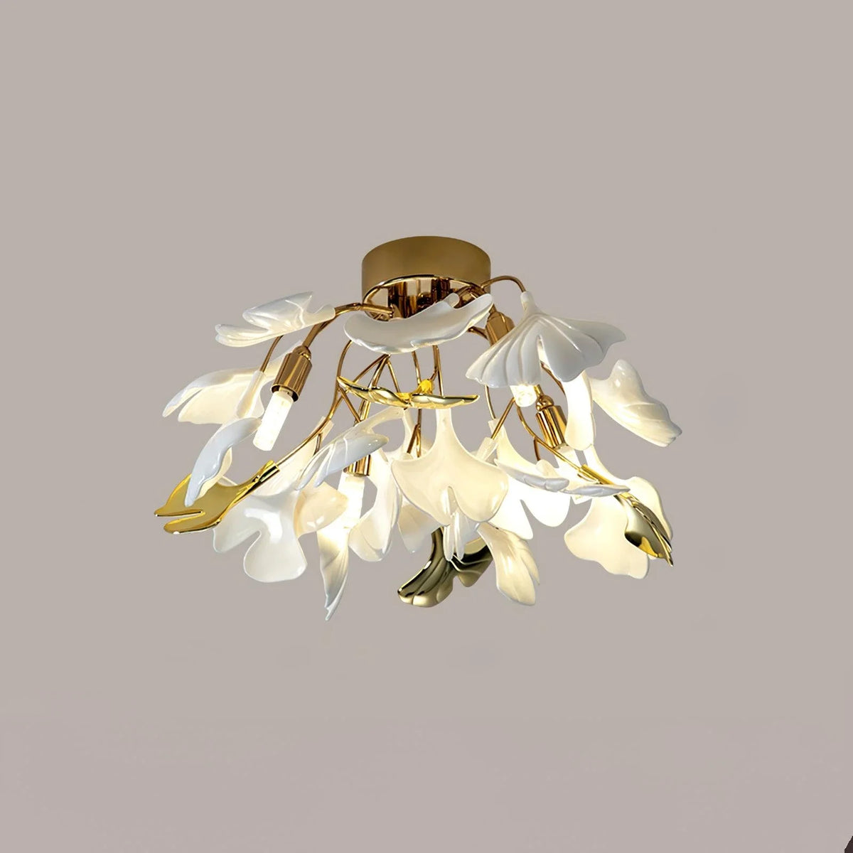 Ginkgo Flush Mount in ceramic for Low Ceilings by AUVIELIGHT, ∅16.5" x H 9.8" /Dia 42cm x H 25cm / Gold lampbody & White & Gold Leaves