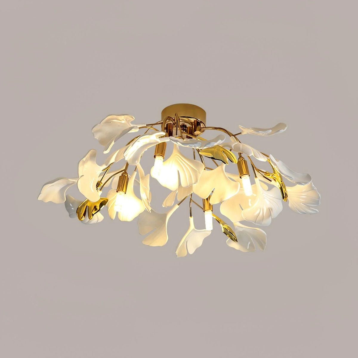 Ginkgo Flush Mount in ceramic for Low Ceilings by AUVIELIGHT, ∅ 20.5"xH9.8"/Dia 52cmxH 25cm / Gold lampbody & White & Gold Leaves