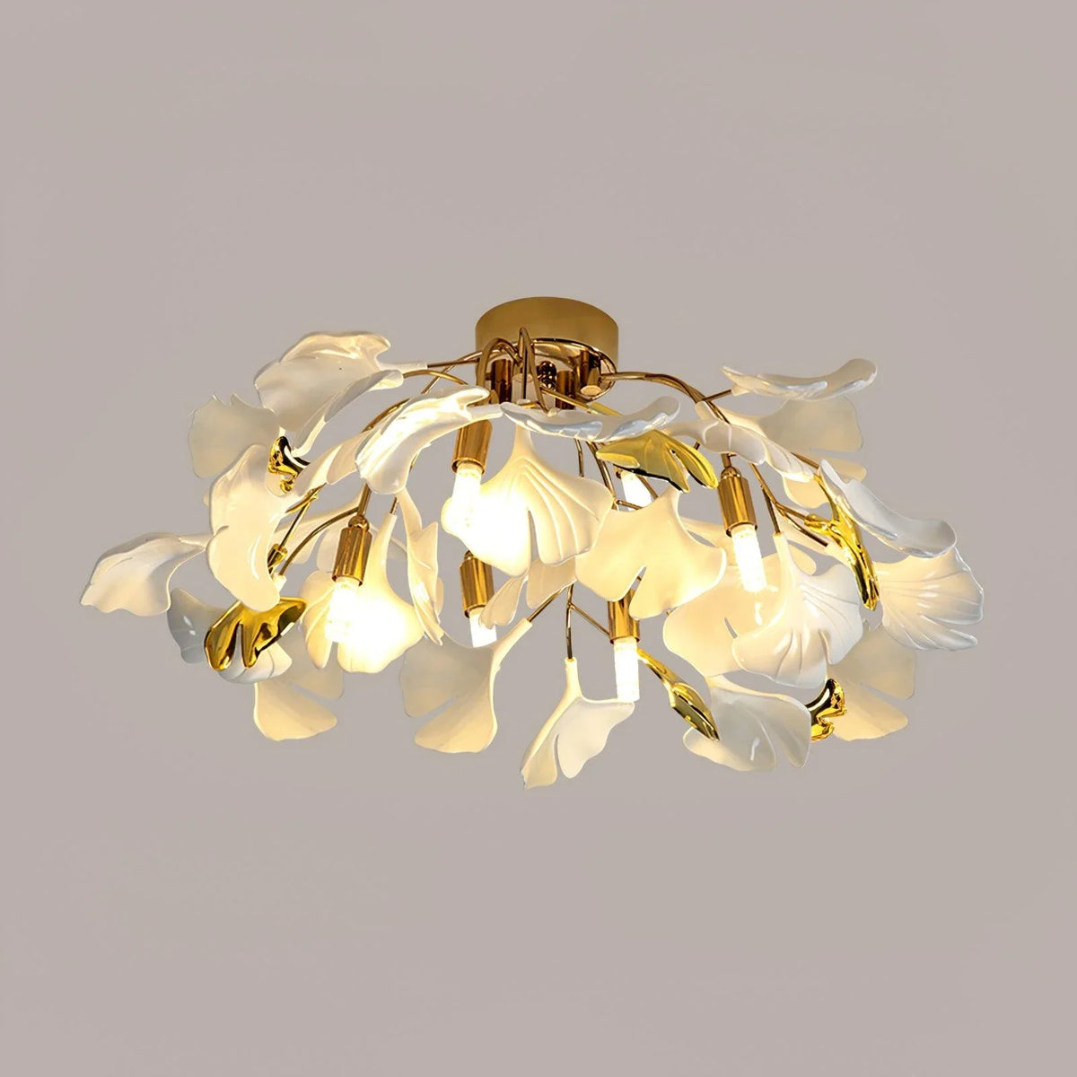 Ginkgo Flush Mount in ceramic for Low Ceilings by AUVIELIGHT, ∅24.4"xH9.8"/Dia 62cm xH 25cm / Gold lampbody & White & Gold Leaves