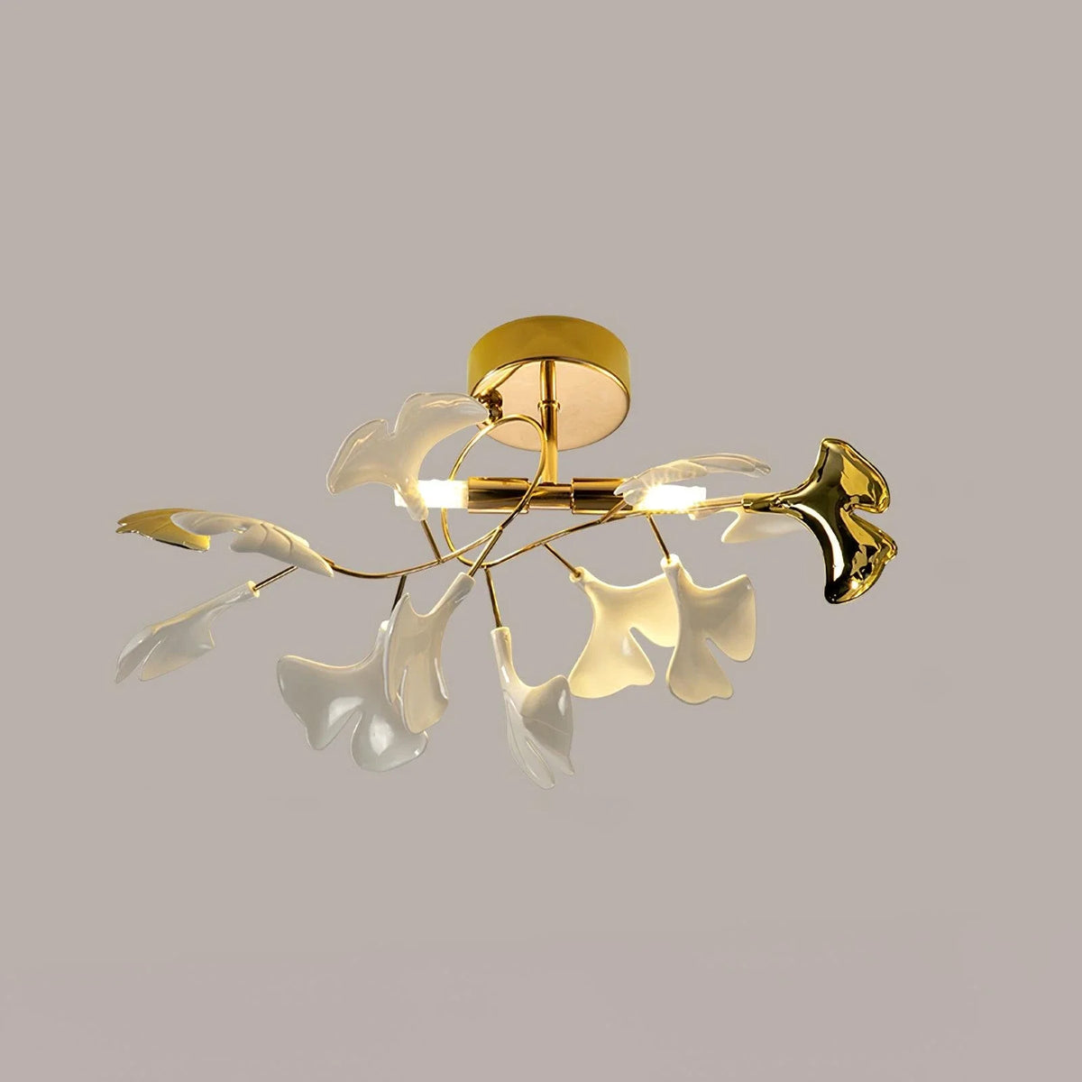 Ginkgo Flush Mount in ceramic for Low Ceilings by AUVIELIGHT, ∅14.2" xH 9.8" / Dia 36cm x H 25cm / Gold lampbody & White & Gold Leaves