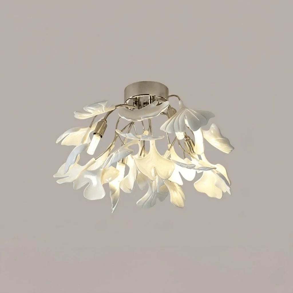 Ginkgo Flush Mount in ceramic for Low Ceilings by AUVIELIGHT, ∅16.5" x H 9.8" /Dia 42cm x H 25cm / Nickel Lampbody + White Leaves