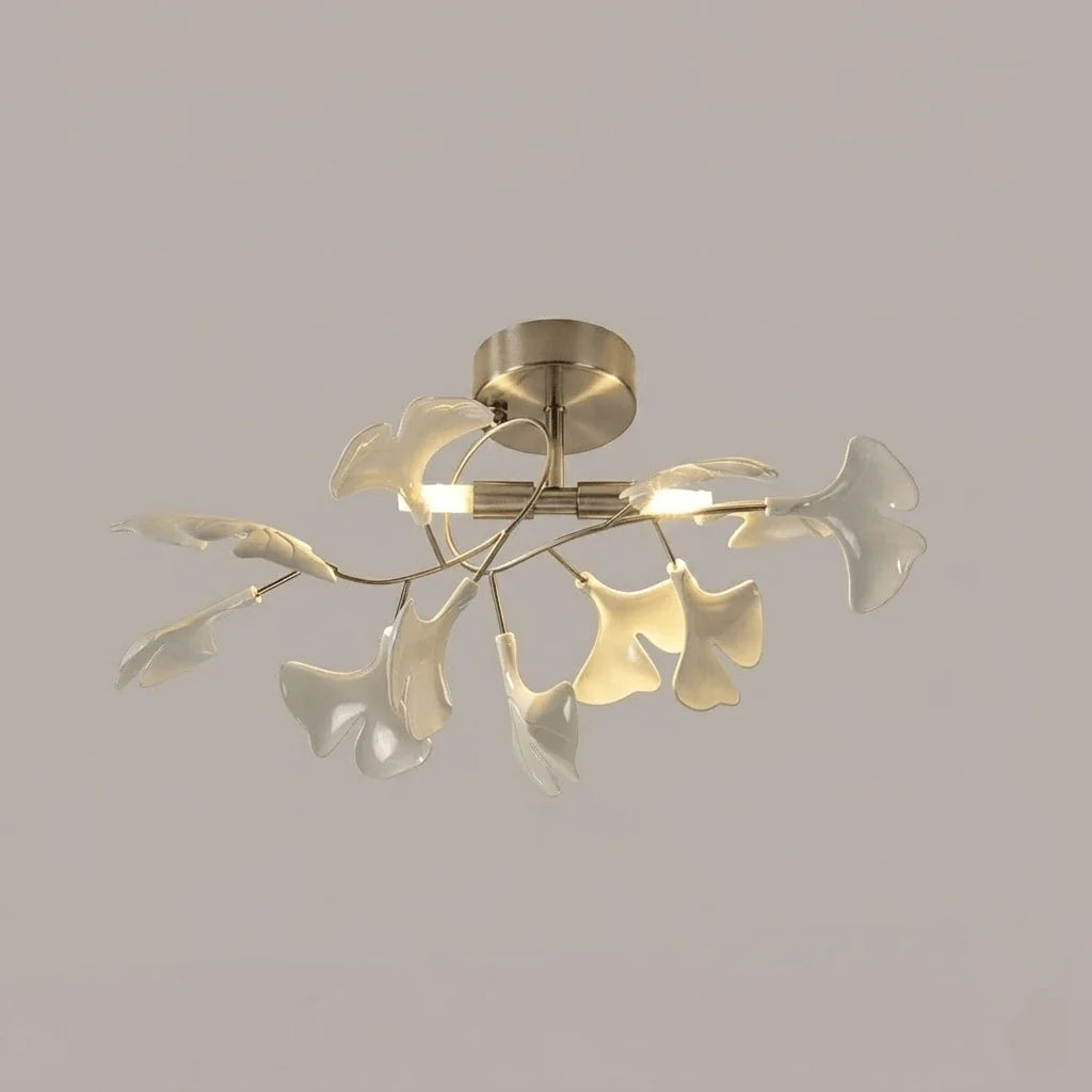 Ginkgo Flush Mount in ceramic for Low Ceilings by AUVIELIGHT, ∅14.2" xH 9.8" / Dia 36cm x H 25cm / Nickel Lampbody + White Leaves