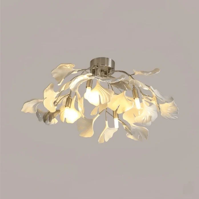 Ginkgo Flush Mount in ceramic for Low Ceilings by AUVIELIGHT, ∅ 20.5"xH9.8"/Dia 52cmxH 25cm / Nickel Lampbody + White Leaves and 1 other sizes