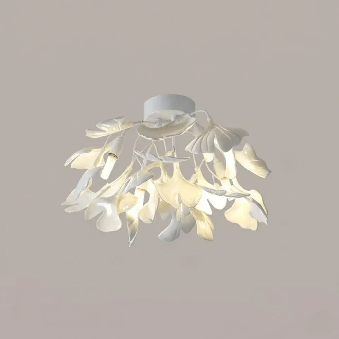 Ginkgo Flush Mount in ceramic for Low Ceilings by AUVIELIGHT, ∅16.5" x H 9.8" /Dia 42cm x H 25cm / White Lampbody + White Leaves