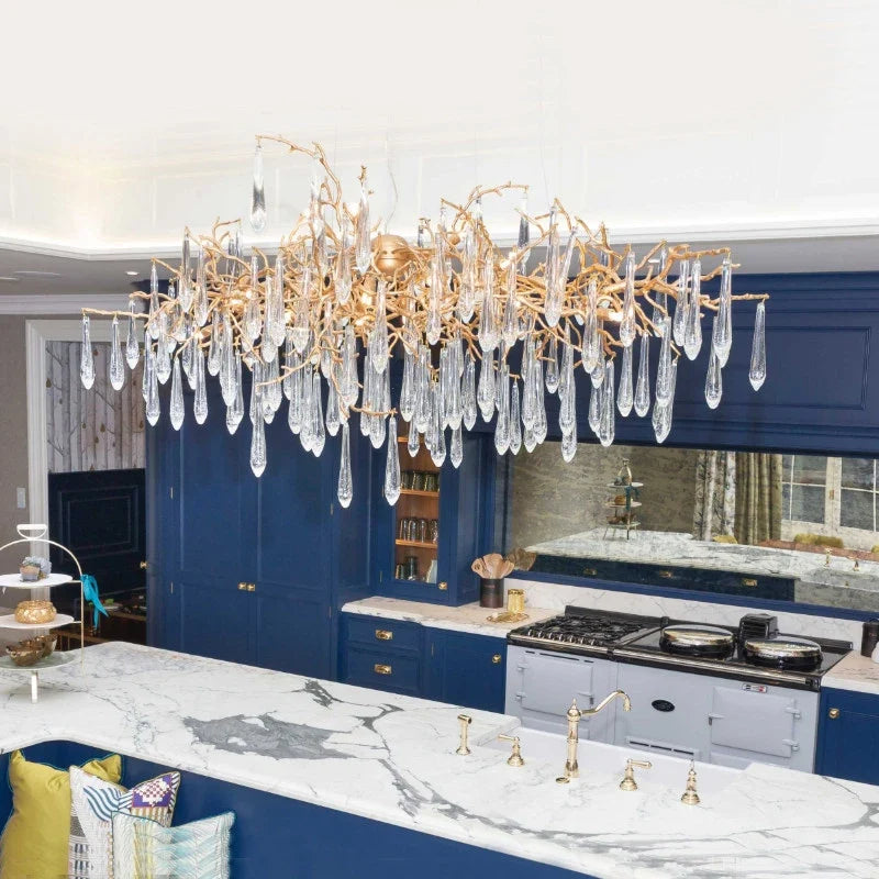 Glacier Branch Chandelier in crystal for Dining Room by AUVIELIGHT, Model C ∅ 102.4″ x 39.4″  x 19.7″ / Clear Crystal & Brass / Warm light and 4