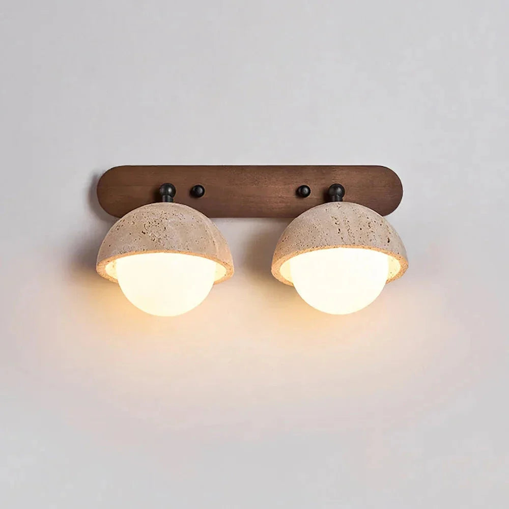 Pecherna Globe Wall Sconce in travertine for Hallway by AUVIELIGHT, L 35cm x W 19cm x H 15cm / L 13.8″ x W 7.5″ x H 5.9″ / Walnut Color & Yellow
