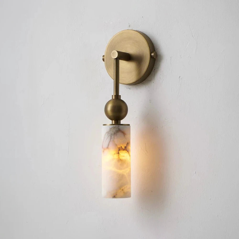 Harlin Wall Sconce in alabaster for Hallway by AUVIELIGHT, 1 Head ∅ 2.4″ x W 2.8″ x H 14.2″ / Gold & White