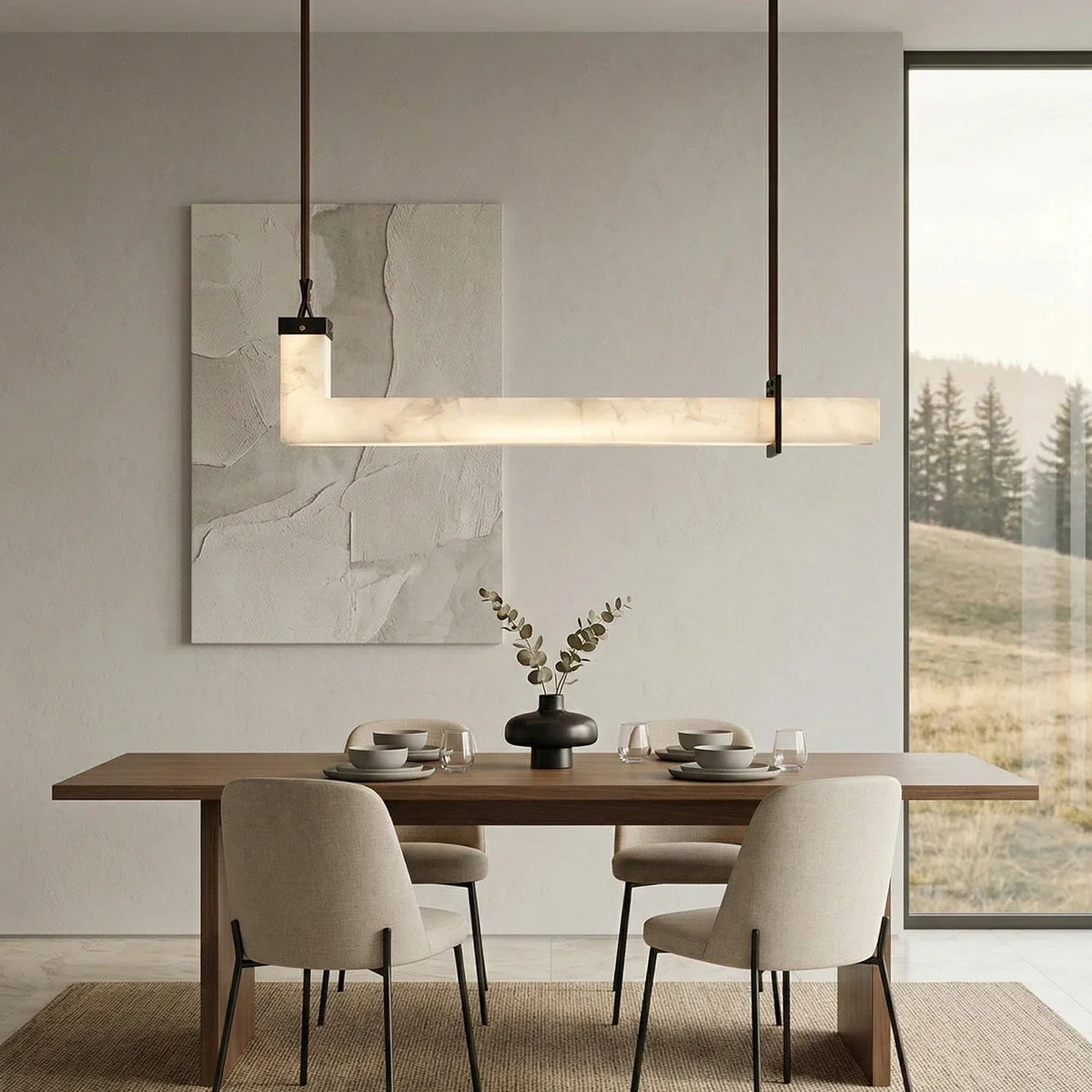 L-Shaped Linear Pendant Light in alabaster for Kitchen Island by AUVIELIGHT