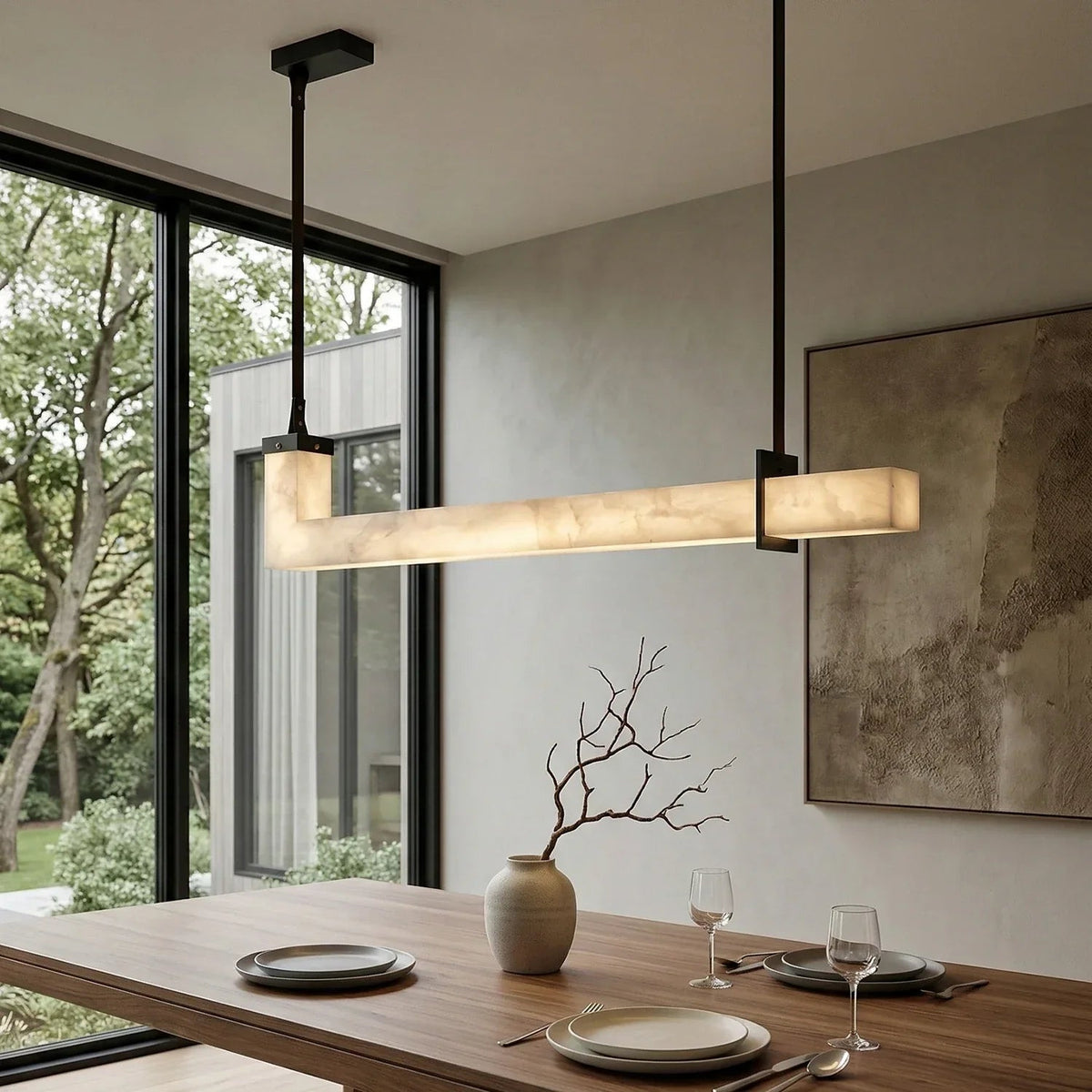 L-Shaped Linear Pendant Light in alabaster for Kitchen Island by AUVIELIGHT