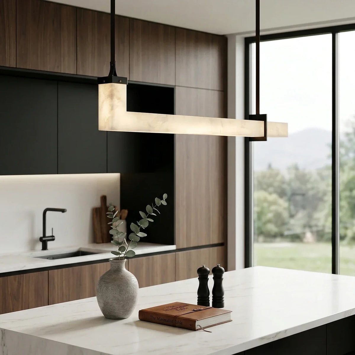 L-Shaped Linear Pendant Light in alabaster for Kitchen Island by AUVIELIGHT