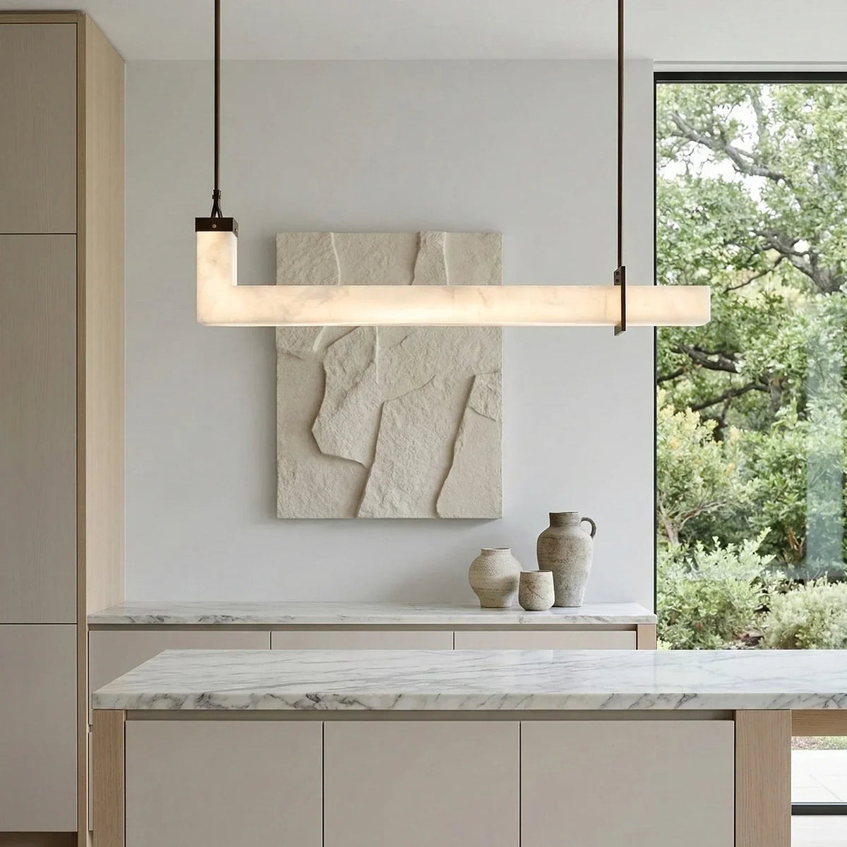 L-Shaped Linear Pendant Light in alabaster for Kitchen Island by AUVIELIGHT