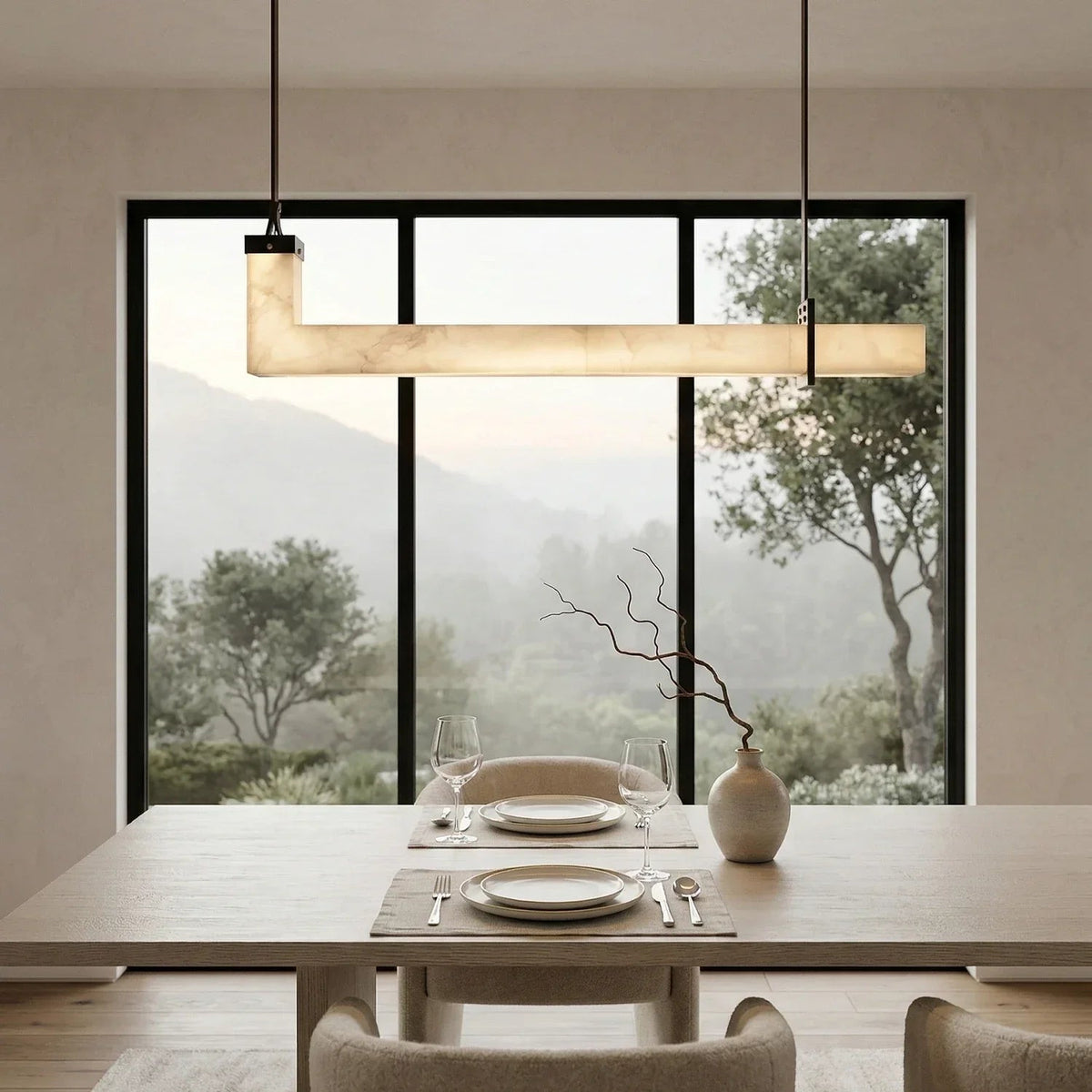 L-Shaped Linear Pendant Light in alabaster for Kitchen Island by AUVIELIGHT