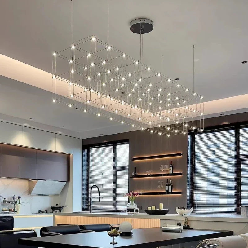 Latticework Linear Chandelier for Dining Room by AUVIELIGHT, Model B ∅ 47.3″ x  11.9″ x 11.9” / Chrome color / Warm Light and 5 other sizes