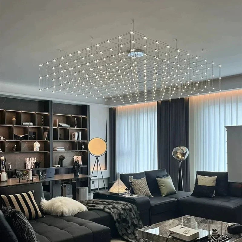 Latticework Linear Chandelier for Dining Room by AUVIELIGHT, Model A ∅ 39.4″ x  39.4″ x 11.9” / Chrome color / Warm Light and 11 other sizes