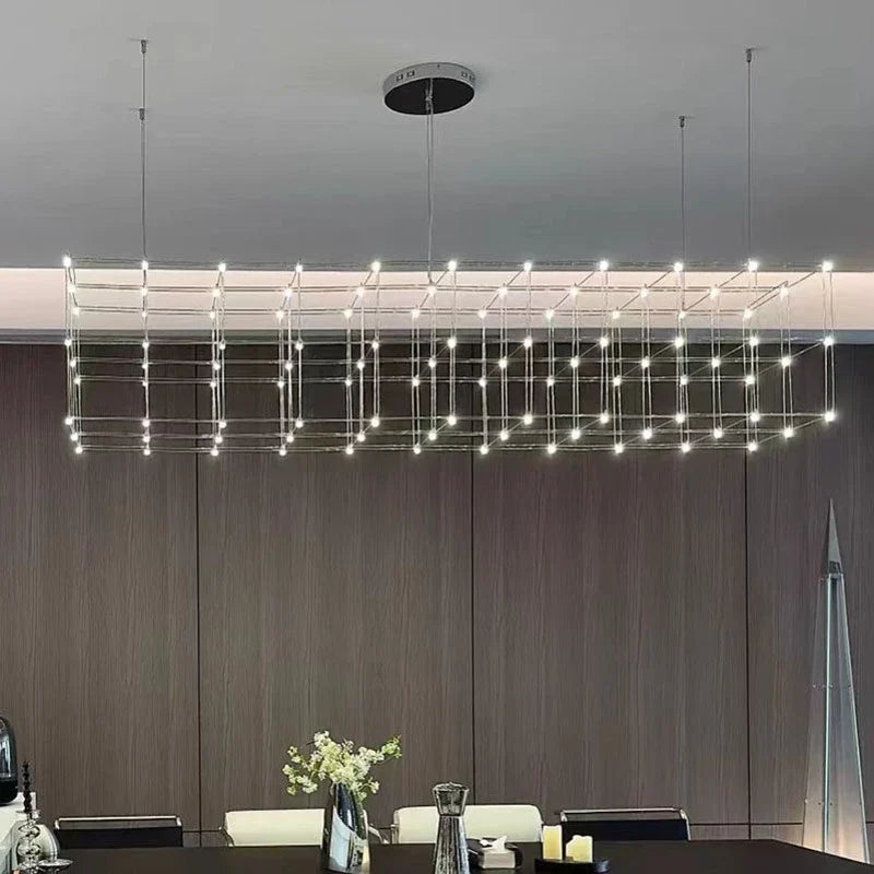 Latticework Linear Chandelier for Dining Room by AUVIELIGHT, Model B ∅ 47.3″ x  15.8″ x 15.8" / Chrome color / Warm Light and 3 other sizes