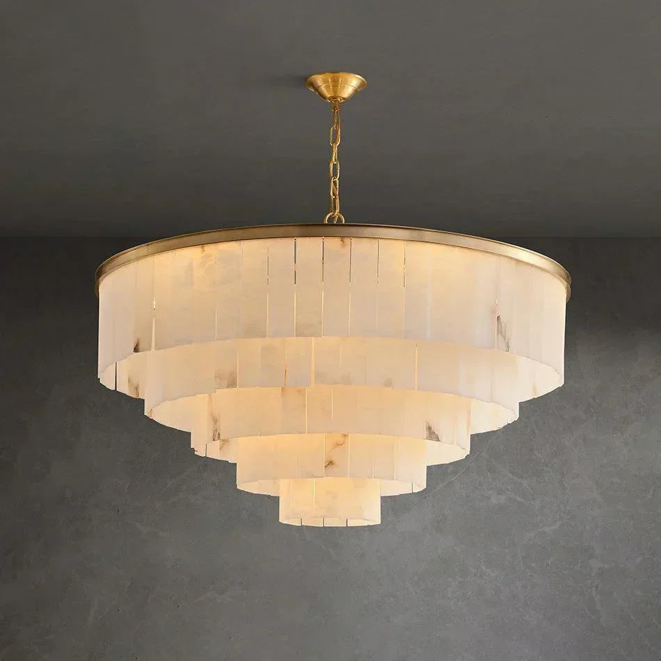 Layered Drum Chandelier in alabaster for Dining Room by AUVIELIGHT, Dia 100cm x H 57cm / ∅ 39.4″ x H 22.5″ / Gold