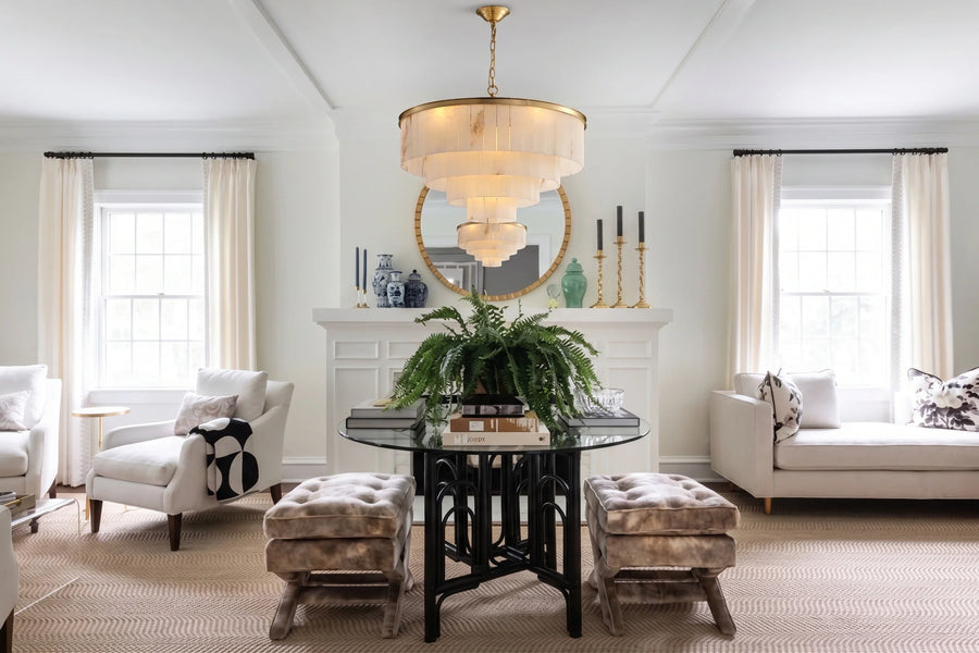 Layered Drum Chandelier in alabaster for Dining Room by AUVIELIGHT
