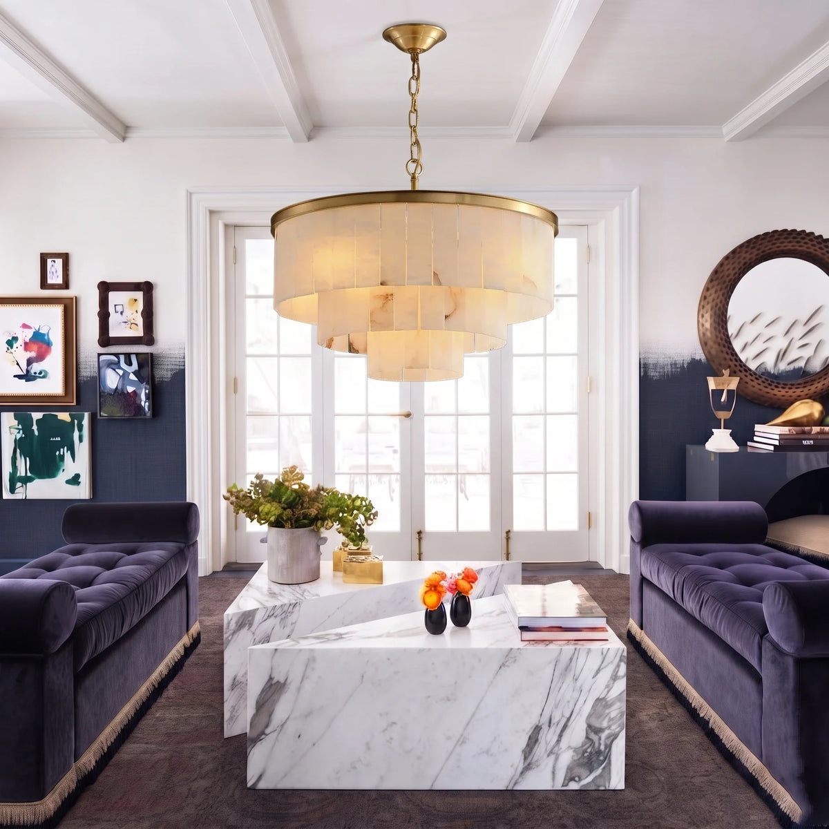 Layered Drum Chandelier in alabaster for Dining Room by AUVIELIGHT