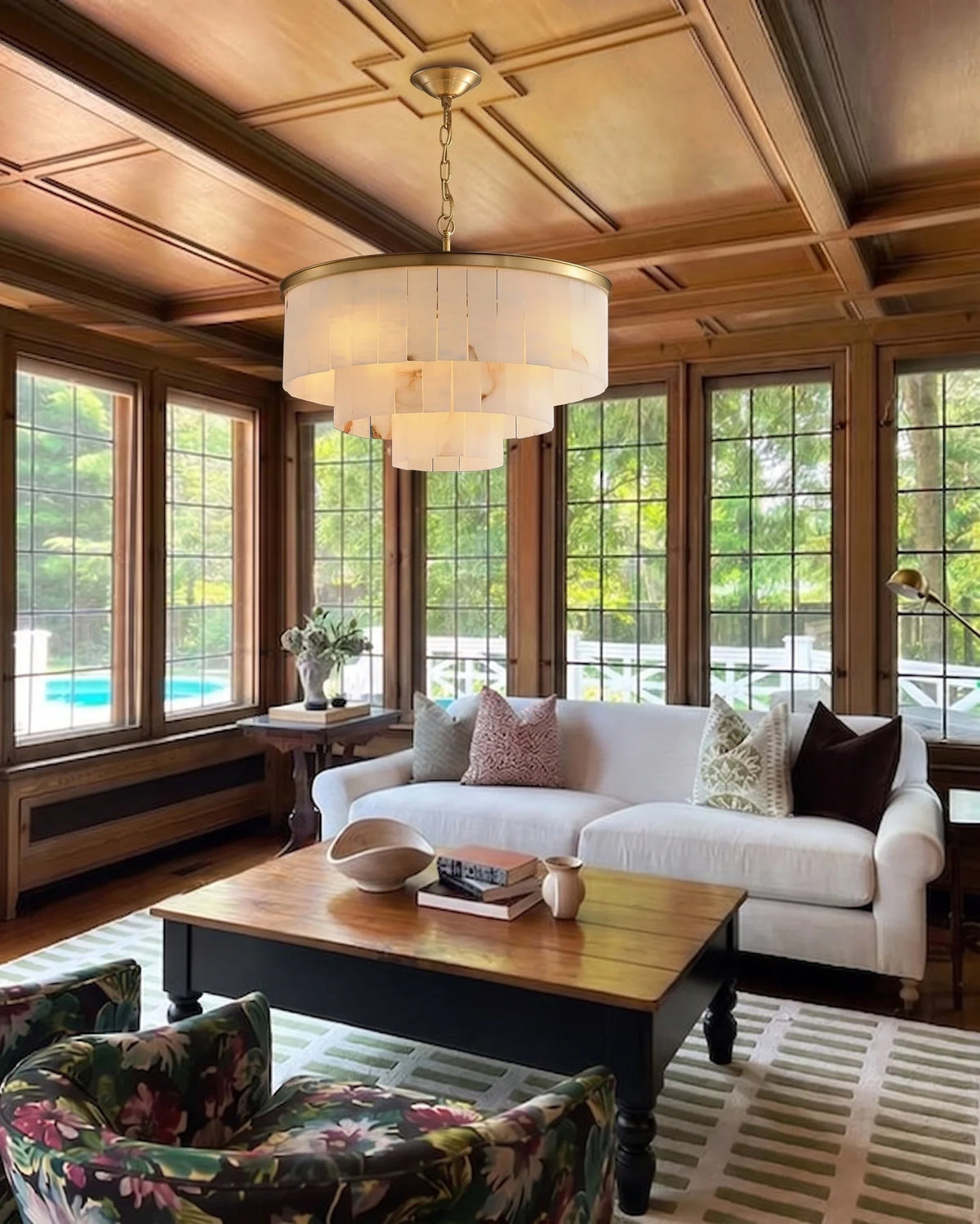 Layered Drum Chandelier in alabaster for Dining Room by AUVIELIGHT