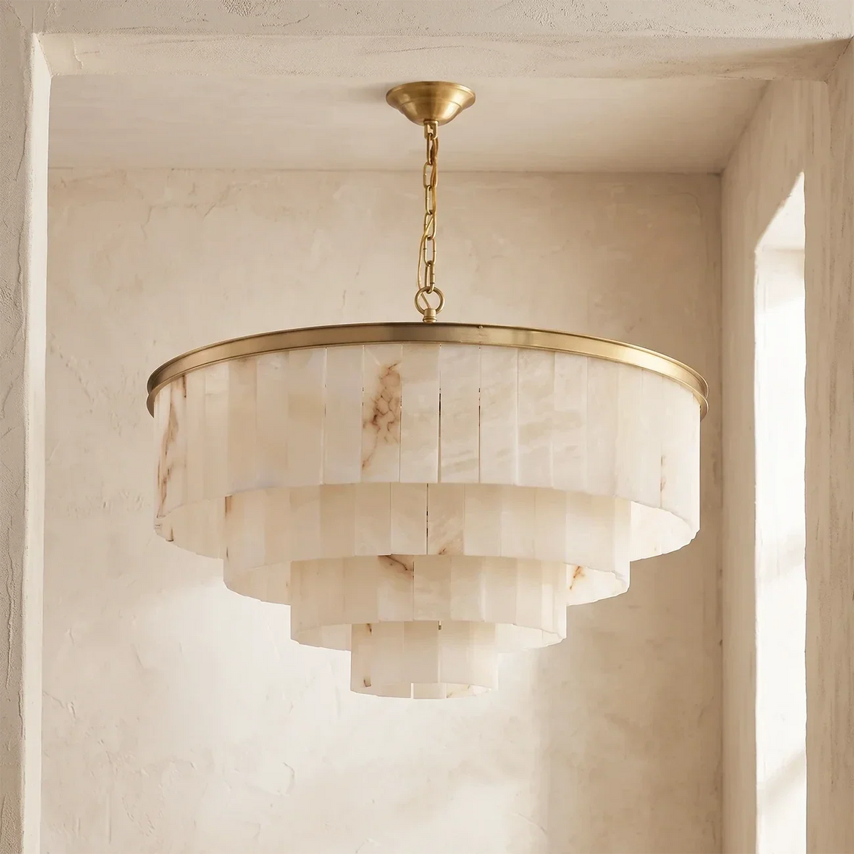 Layered Drum Chandelier in alabaster for Dining Room by AUVIELIGHT