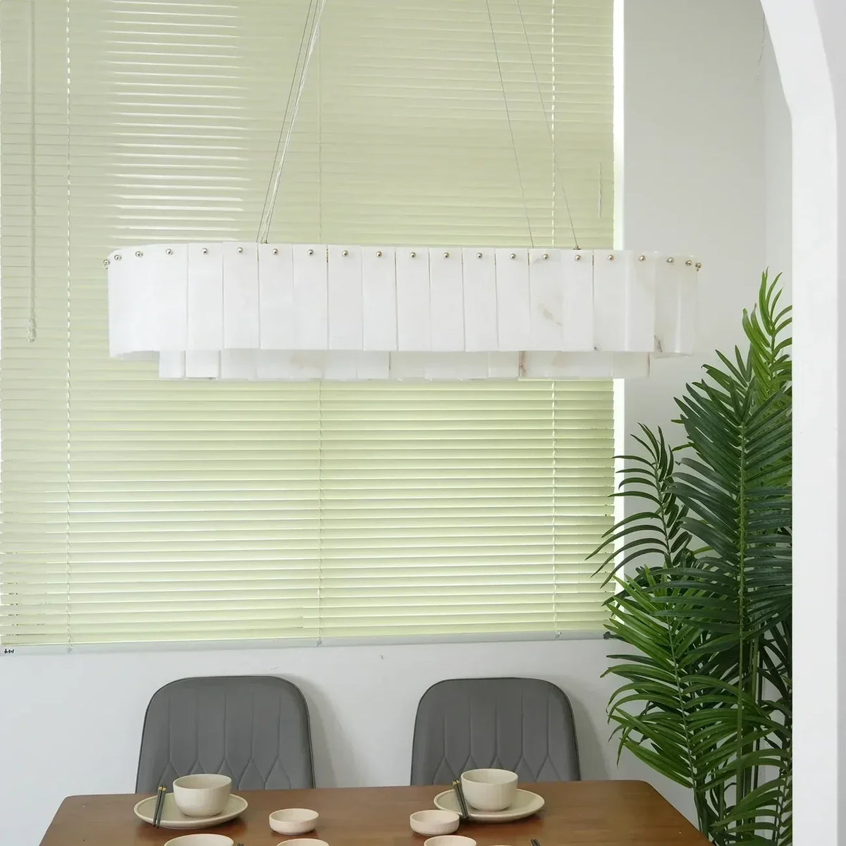 Layered Linear Chandelier in alabaster for Dining Room by AUVIELIGHT
