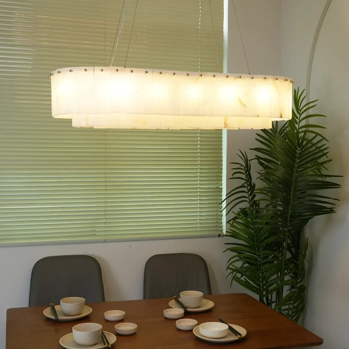 Layered Linear Chandelier in alabaster for Dining Room by AUVIELIGHT