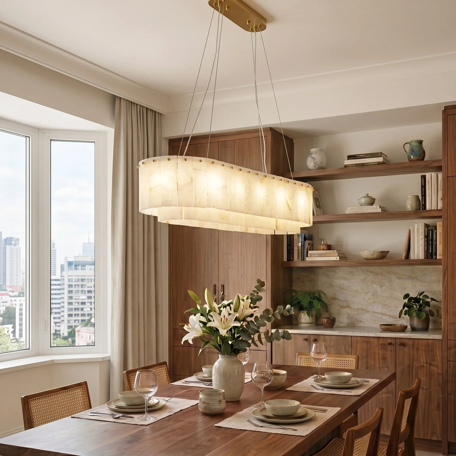 Layered Linear Chandelier in alabaster for Dining Room by AUVIELIGHT