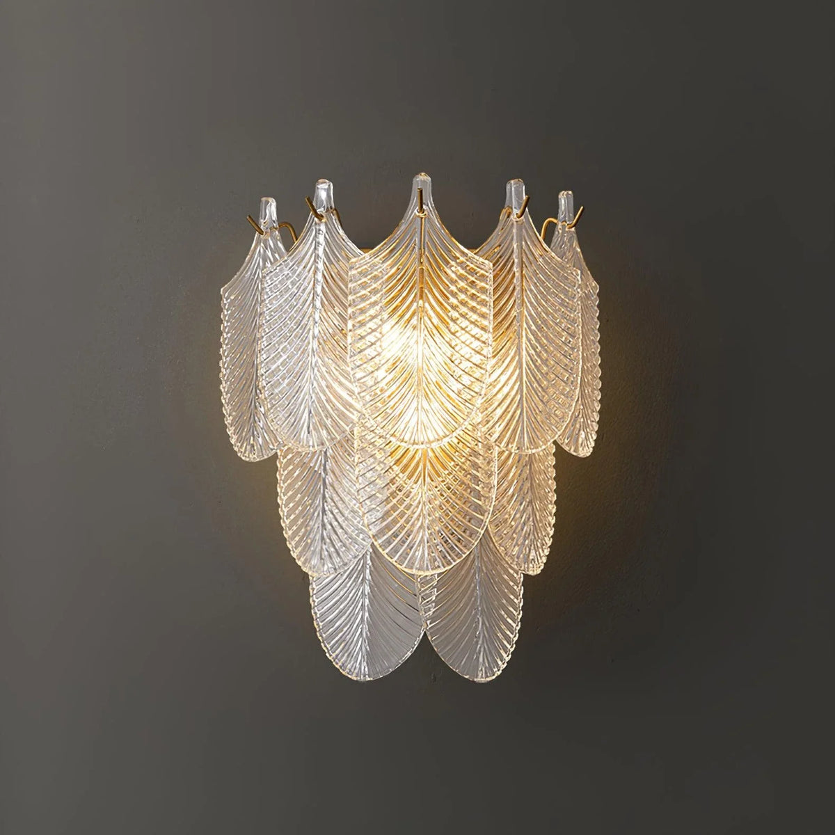 Leaf Wall Sconce in textured glass for Hallway by AUVIELIGHT, L 11.8" x W 6.3" x H 12.6" / Brass+Clear
