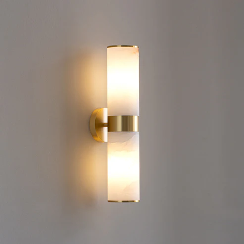 Tandem Linear Wall Light in alabaster for Hallway by AUVIELIGHT, Dia 9cm x W 13cm x H 44.5cm / ∅ 3.5″ x W 5.1″ x H 17.5″ / Gold & White / Warm