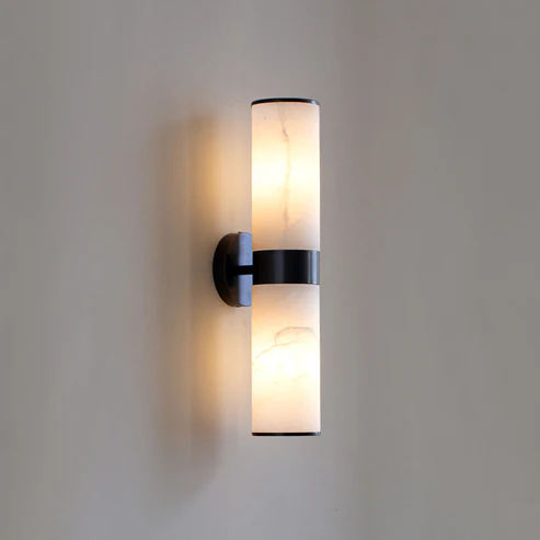 Tandem Linear Wall Light in alabaster for Hallway by AUVIELIGHT, Dia 9cm x W 13cm x H 44.5cm / ∅ 3.5″ x W 5.1″ x H 17.5″ / Black & White / Warm