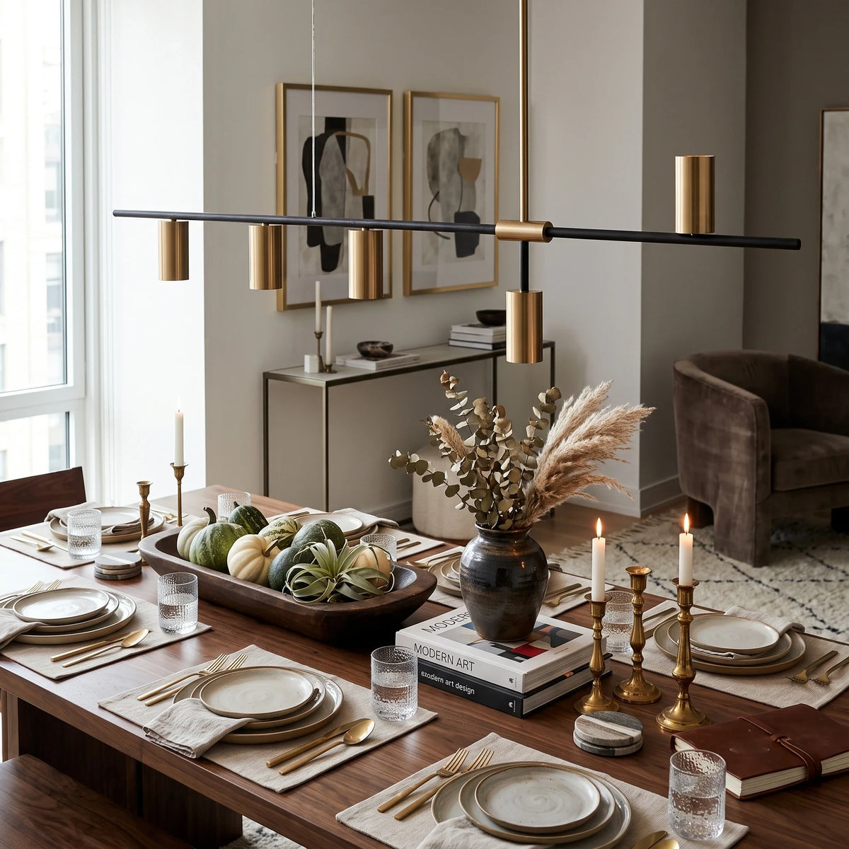 Linear Cylinder Pendant Light in brass for Kitchen Island by AUVIELIGHT