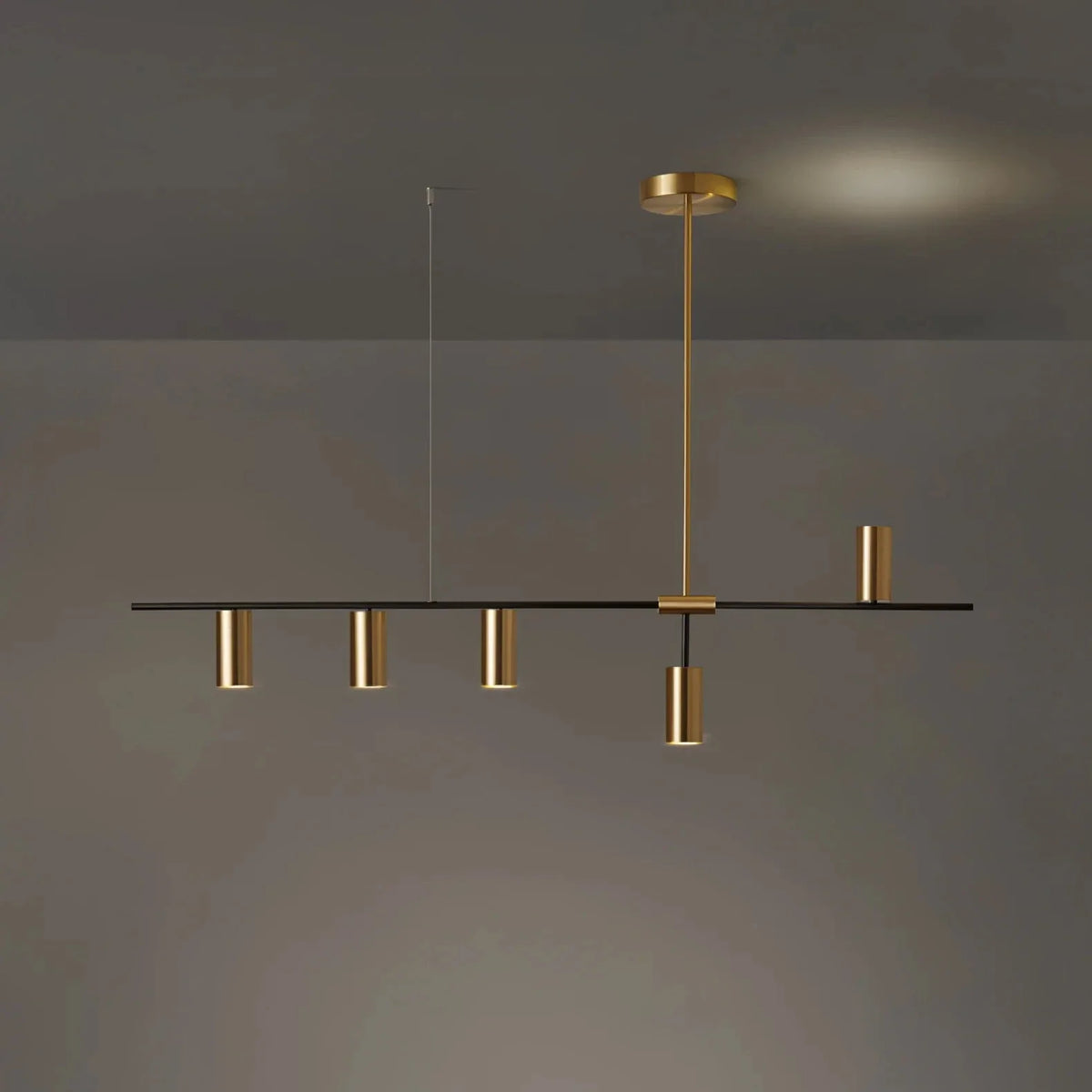 Linear Cylinder Pendant Light in brass for Kitchen Island by AUVIELIGHT, 5-lights: L52" x H 25.2" / Gold & Black
