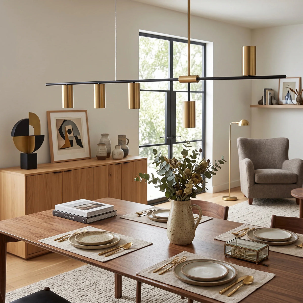 Linear Cylinder Pendant Light in brass for Kitchen Island by AUVIELIGHT