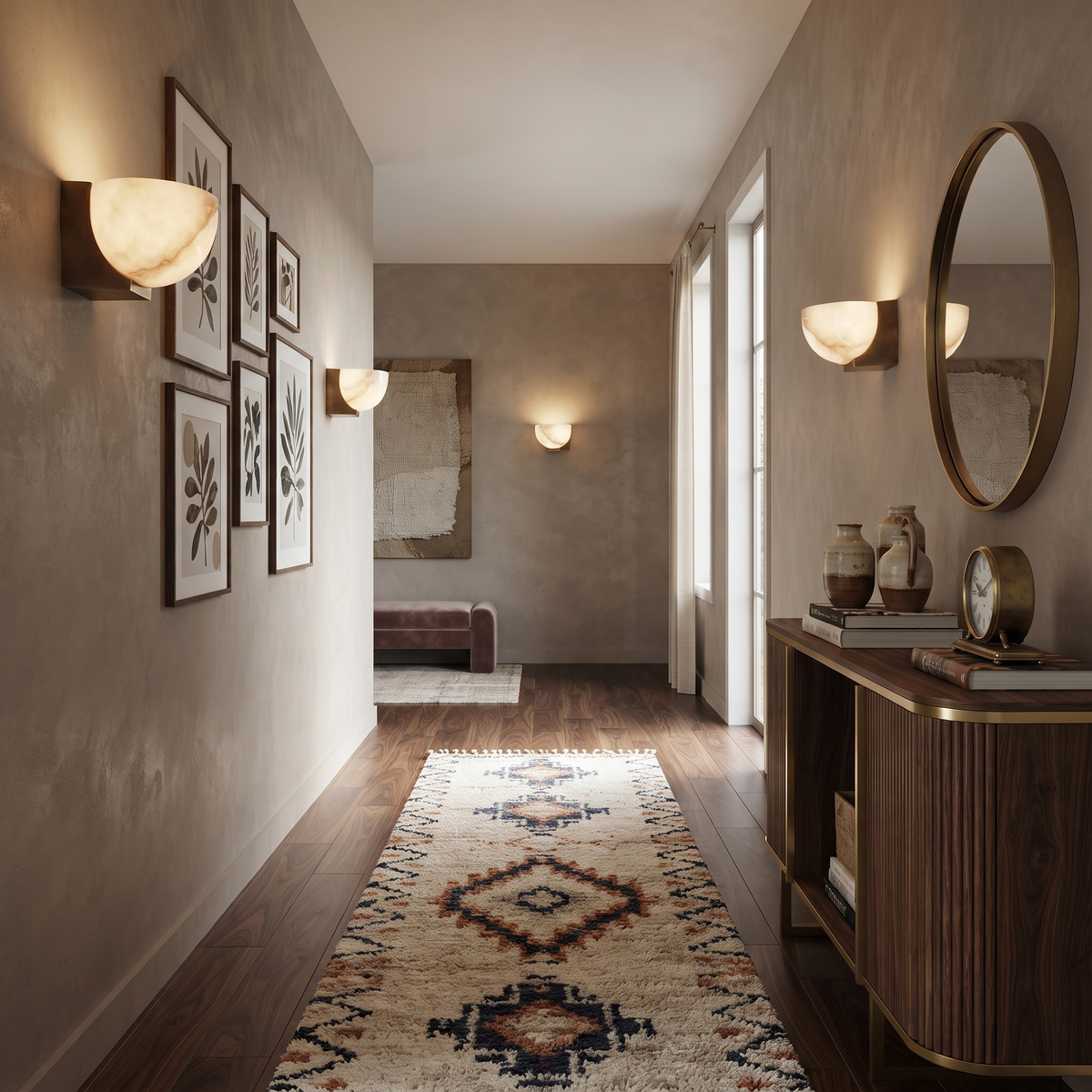 Luna Bowl Wall Sconce in alabaster for Hallway by AUVIELIGHT