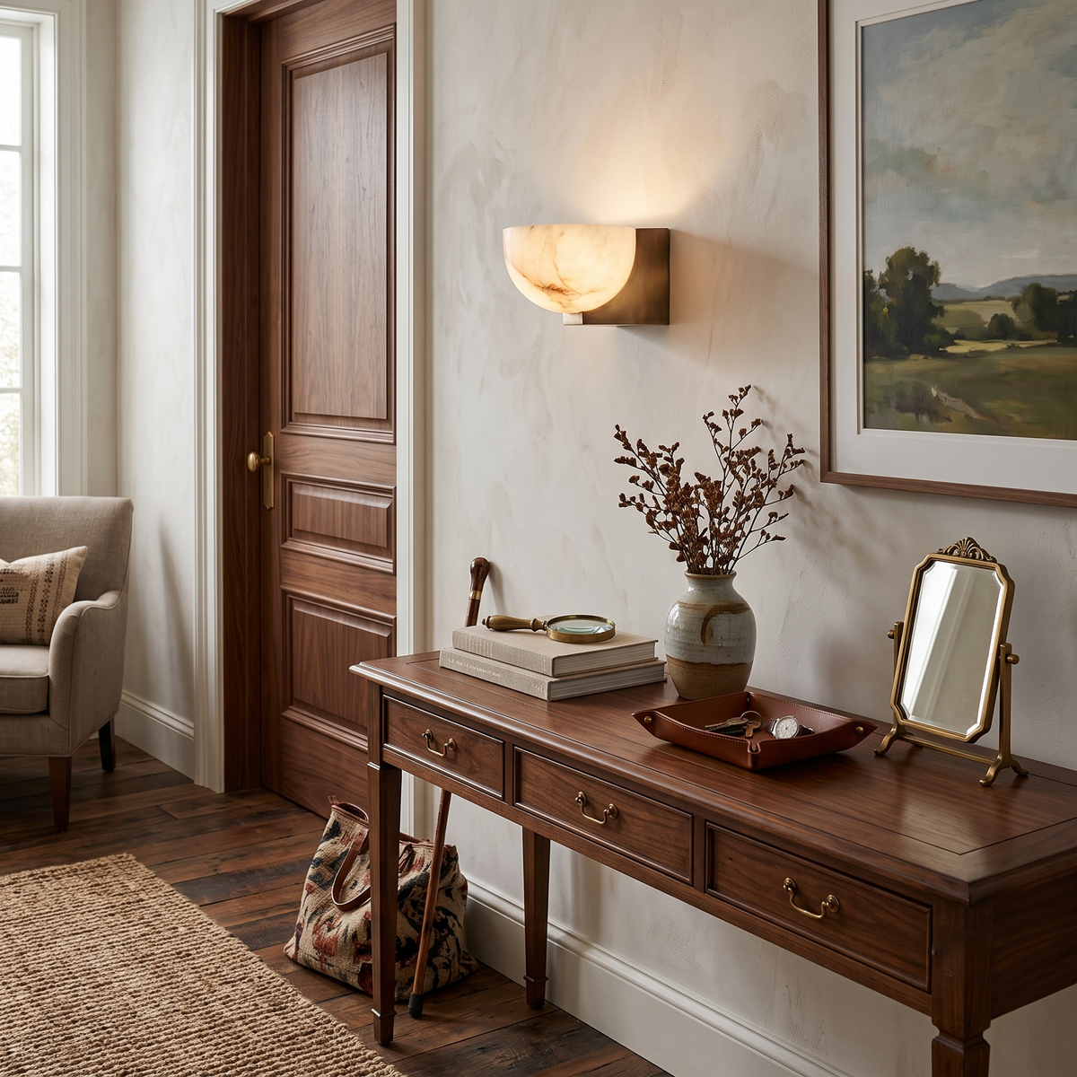 Luna Bowl Wall Sconce in alabaster for Hallway by AUVIELIGHT